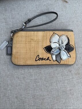 Coach Tan Straw Wristlet with Floral Appliqué